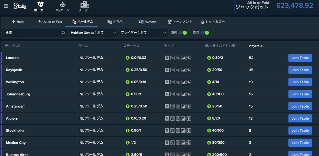 Stakeポーカーのロビー